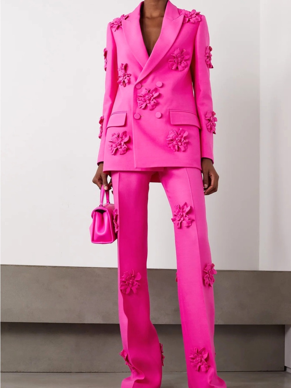 Hot Pink Floral Appliqué Wide-Leg Suit